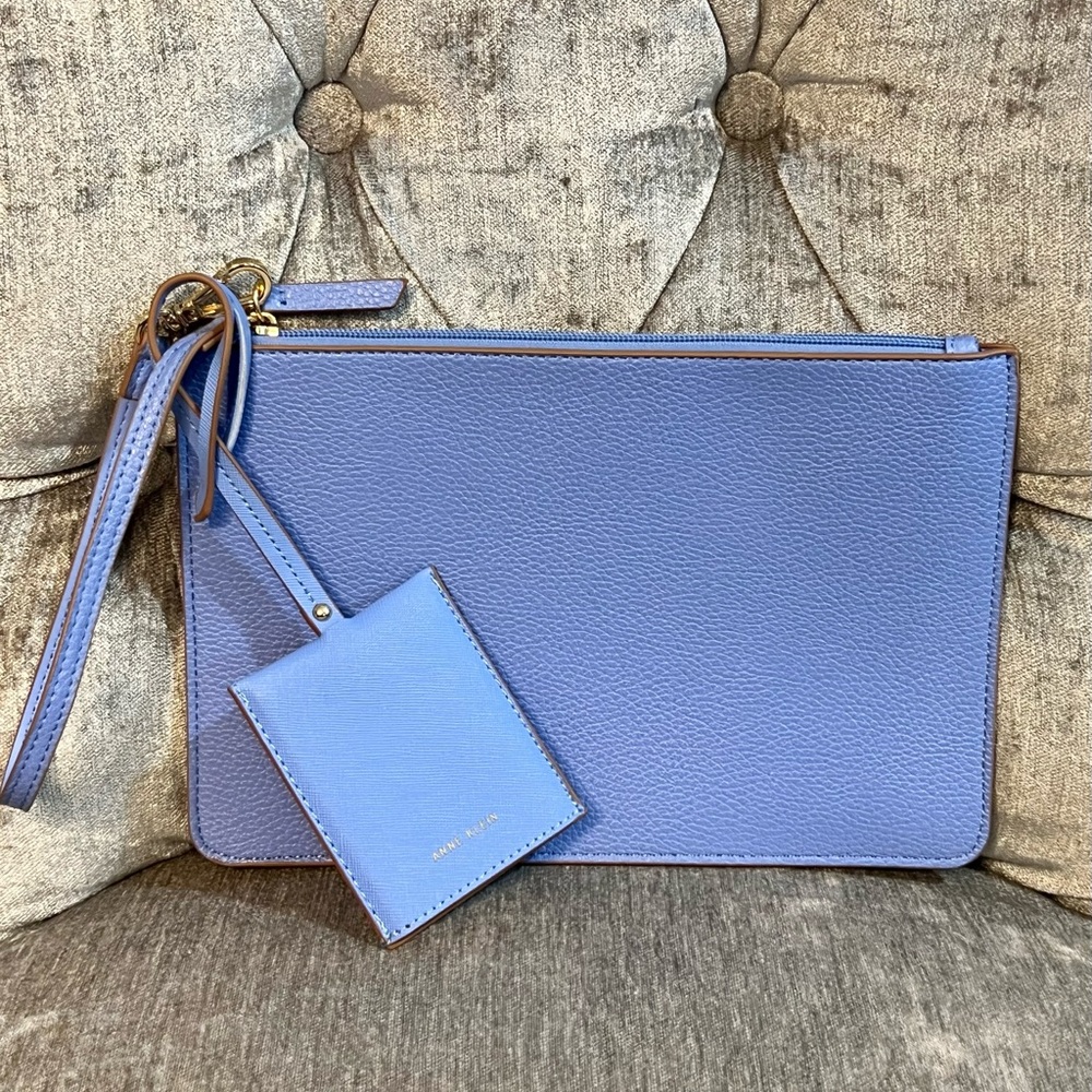 Blue Leather Wristlet Clutch with Luggage Tag